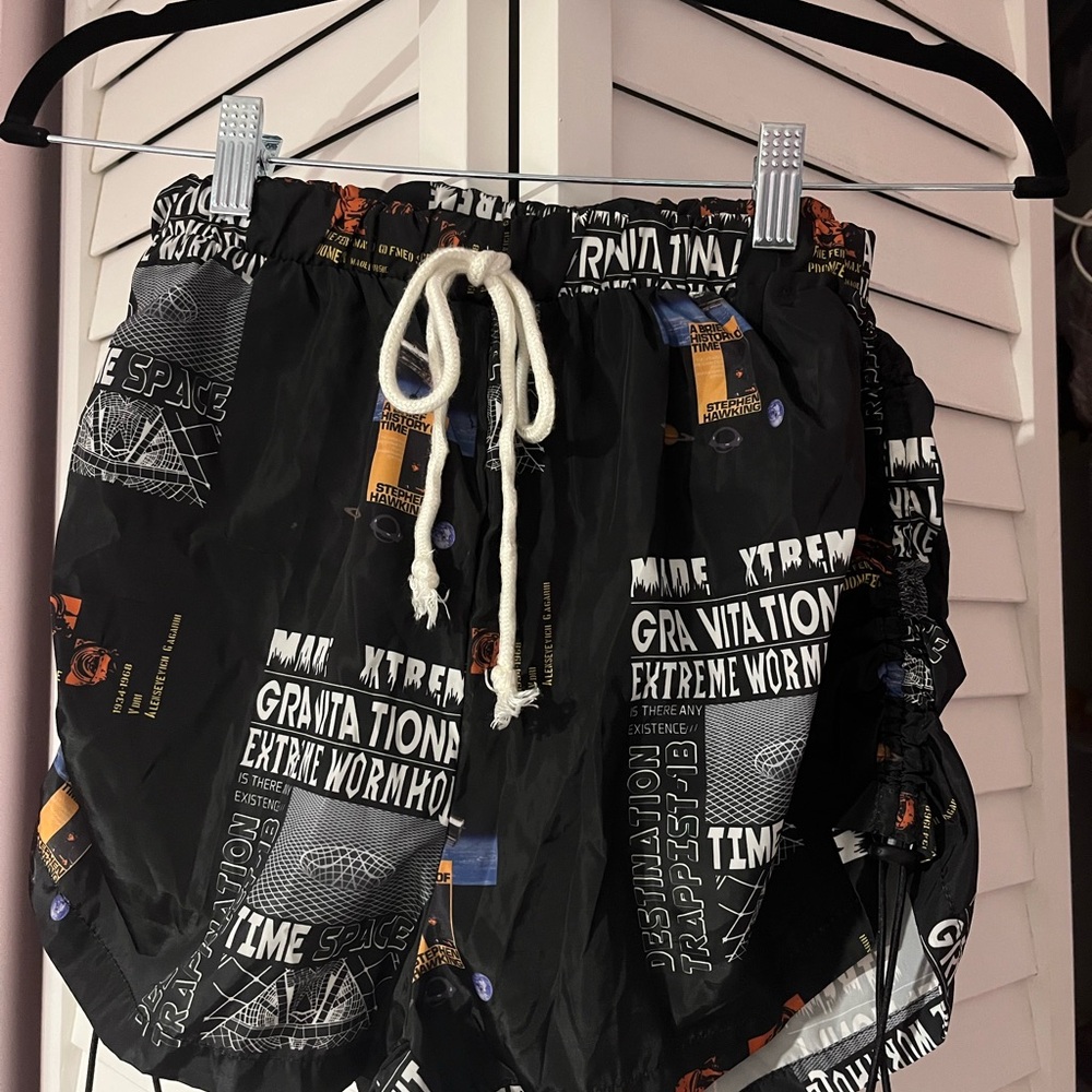 SHEIN Black shorts with White Drawstrings and Graphic Print